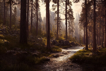 Obraz premium Beautiful forest landscape, art illustration