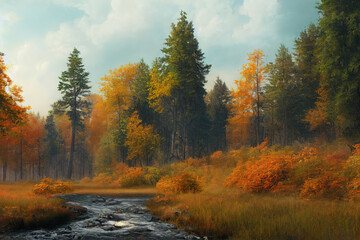 Obraz premium Autumn forest landscape, art illustration