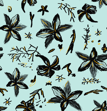 Seamless hand drawn tropical vector pattern with bright hibiscus flowers and exotic leaves on orange background. Endless ornament for wrapping paper, wallpaper, fashion, textile, fabric