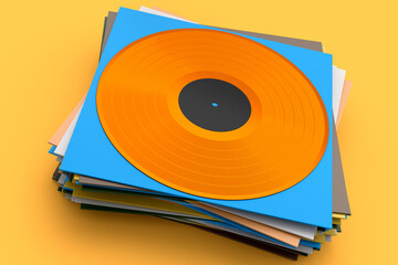 Fototapeta premium Black vinyl LP record with heap of covers isolated on yellow background.