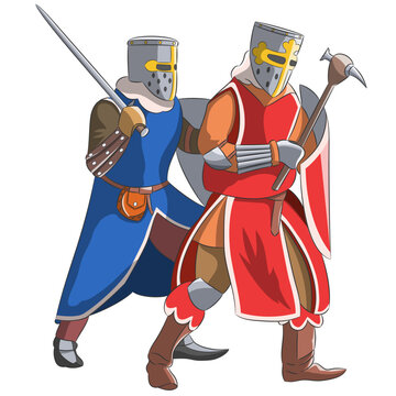 Two walking men in knightly armor isolated on white background.