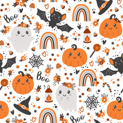 Fototapeta na wymiar Seamless pattern with cute halloween elements, ghosts, pumpkins, hats, bats, rainbows and flowers. Vector illustration.