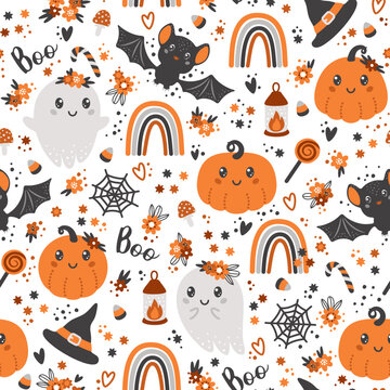 Seamless pattern with cute halloween elements, ghosts, pumpkins, hats, bats, rainbows and flowers. Vector illustration.