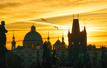 Prague, Charles Bridge during sunrise