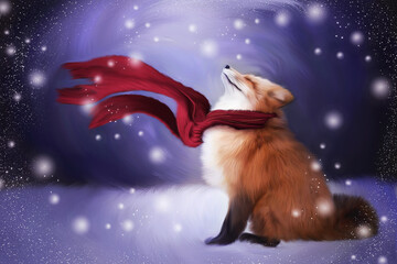 Obraz na płótnie Canvas A cute red fox in a red scarf is glad of the snow evening or night. Saturated bright winter colors. Computer 2D graphics. Cover. Winter magic Artwork. New Year, xmas. Painted cute animal, mammal.