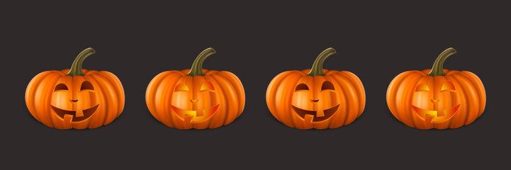 Vector Halloween Pumpkin Set. Cute Jack-o-lanterns, Carved Pumpkin Face for Invitations, Cards, Packaging, Wrapping, Banners Design. 3d Realistic Pumpkins