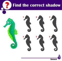 Educational game for children. Find the correct shadow. Cute sea horse