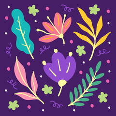 Hand drawn flat floral pattern on purple background