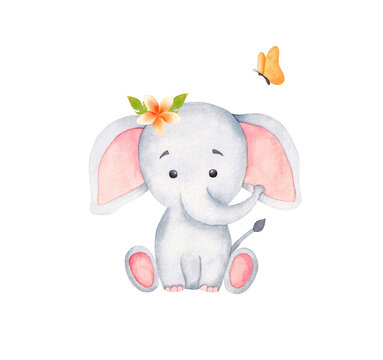 Cute baby elephant. Watercolor hand drawn illustration, isolated on white background. African baby animal children's parties.