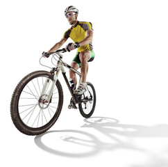 Athlete cyclists in silhouettes on transparent background. Mountain bike cyclist. - obrazy, fototapety, plakaty