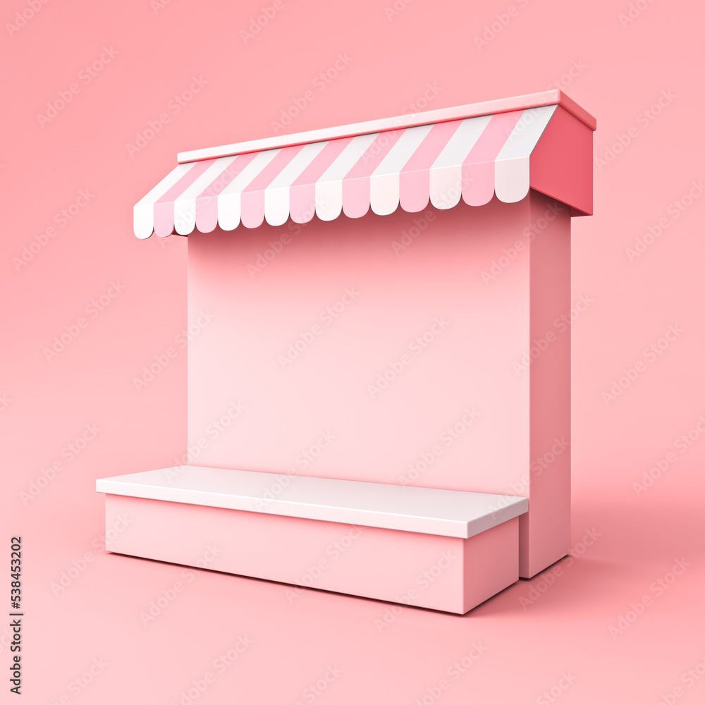Aufkleber Blank display kiosk shop counter store or product shelf podium stand stall with pink striped awning isolated on pink pastel color background minimal conceptual 3D rendering
