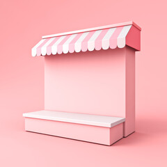 Blank display kiosk shop counter store or product shelf podium stand stall with pink striped awning isolated on pink pastel color background minimal conceptual 3D rendering