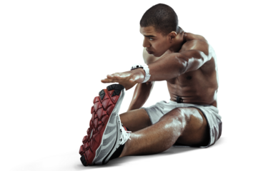 Sprinter doing stretching exercises and smiling on the floor. Isolated on transparent.