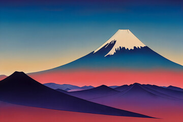 Japanese ancient drawing style of landscape with Fuji mountain featured.