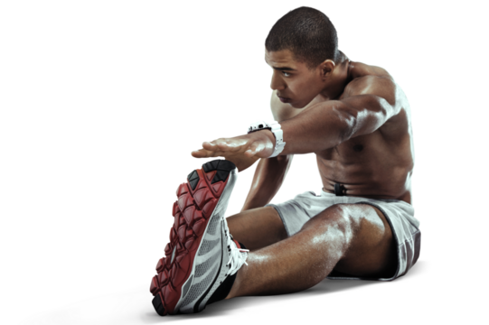 Sprinter doing stretching exercises and smiling on the floor. Isolated on transparent.	