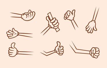 The set includes eight different poses of cartoon hands. The hands are drawn in an outline style with different hand gestures. Perfect for both mascot and flat design