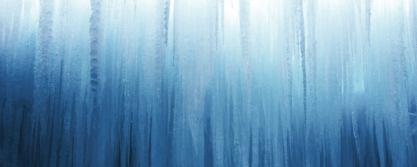 Blue wintery natural melting ice banner. Horizontal background icicle texture.