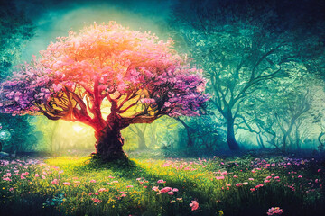 Colorfull old blossoming tree in a meadow