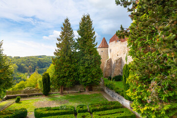 Fototapeta na wymiar View of the hills and countryside surrounding the medieval walls of the Bavarian city of Rothenburg ob der Tauber, Germany, on Germany's Romantic Road. 