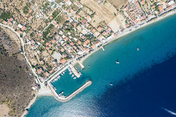 Amazing aerial photo of Datca peninsula, indented coastline between of mediterranean and aegean seas with beautiful turquoise water, altitude about 1 km, Turkey, Palamutbuku