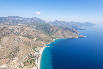 Amazing aerial photo of Datca peninsula, indented coastline between of mediterranean and aegean...