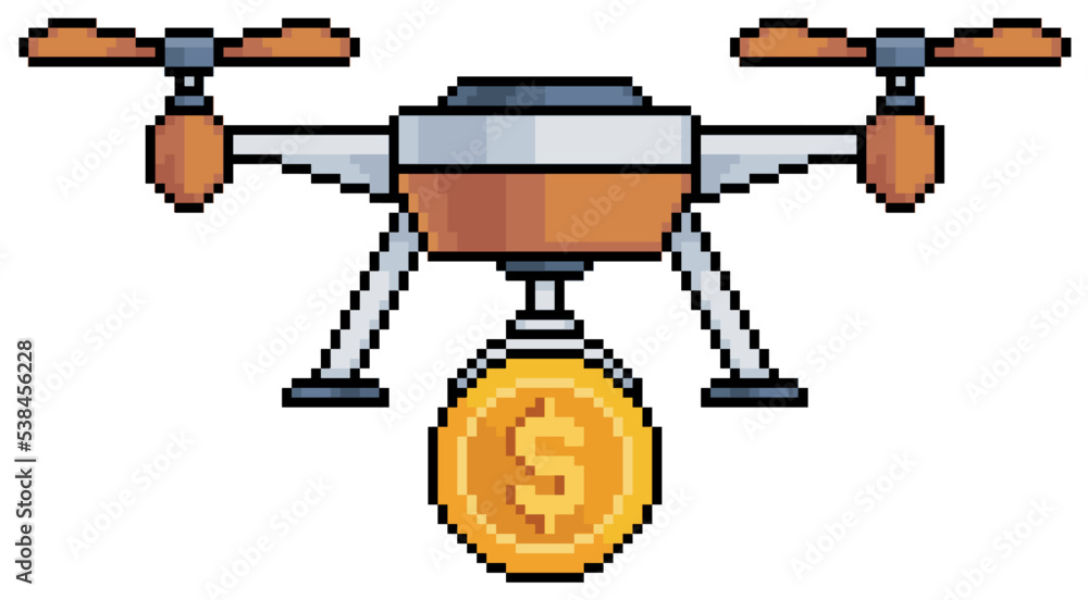 Poster pixel art drone with coin and money vector icon for 8bit game on white background
