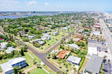 Aerial looking west over Daytona Beach, Florida residential neighborhoods and the Intracoastal Waterway.