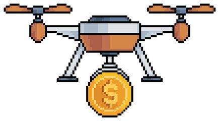 Pixel art drone with coin and money vector icon for 8bit game on white background
