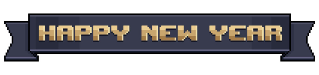 Pixel art black ribbon with happy new year, banner with golden happy new year vector icon for 8bit game on white background
