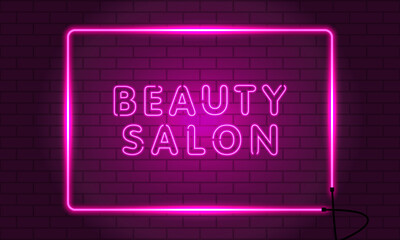 Neon sign beauty salon in a frame on brick wall background. Vintage electric signboard with bright neon lights. Pink light falls. Vector illustration