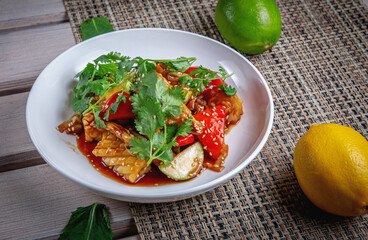 Squid in soy sauce and stewed vegetables.