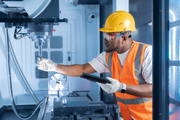 Professional african american engineer man in helmet uniform use CNC machinery, blue toning....
