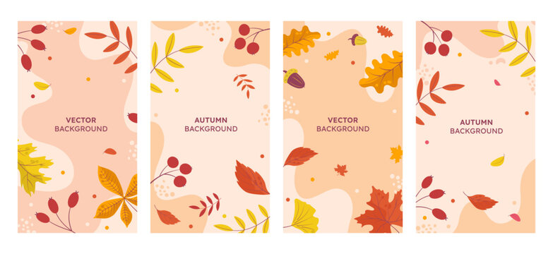 Vector set of abstract backgrounds with a place to copy text - autumn sale - bright stylish banners, posters, cover design templates, stories in social media wallpaper with yellow and orange leaves