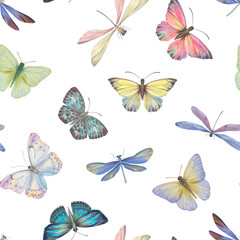 Abstract ornament for design and wallpaper. Seamless pattern of bright butterflies and dragonflies on a white background.