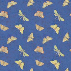 Seamless pattern of butterflies and dragonflies. Botanical abstract ornament for design.