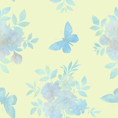Fototapeta na wymiar Butterflies and flowers, seamless botanical pattern. Abstract background of flowers and butterflies for wallpaper, print, wrapping paper.