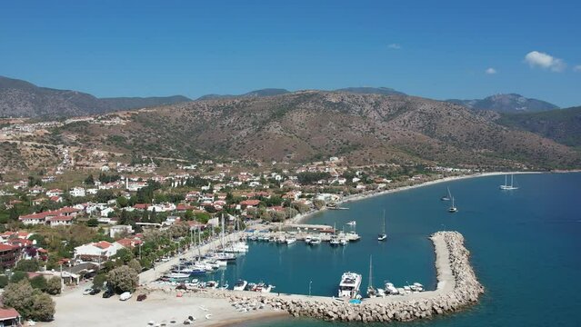 Amazing aerial photo of Datca peninsula, indented coastline between of mediterranean and aegean seas with beautiful turquoise water, altitude about 1 km, Turkey, Palamutbuku