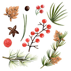 Watercolor, Christmas star, poinsettia, needles, cute cartoon deer, red berries, snowflakes, cones, glass toys, Christmas mood