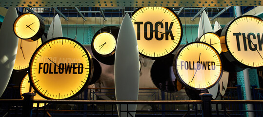 Clocks with inscriptions 'tik, tok and followed'.Yellow and blue - obrazy, fototapety, plakaty