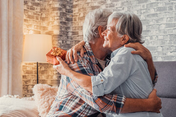 Portrait of two cute and old seniors at home having fun together. Mature man  giving a gift at his...