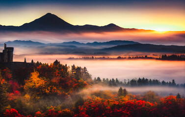Mystic autumn landscape with trees and hills during sunset
