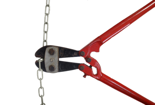 Bolt cutters cutting a metal chain isolated.