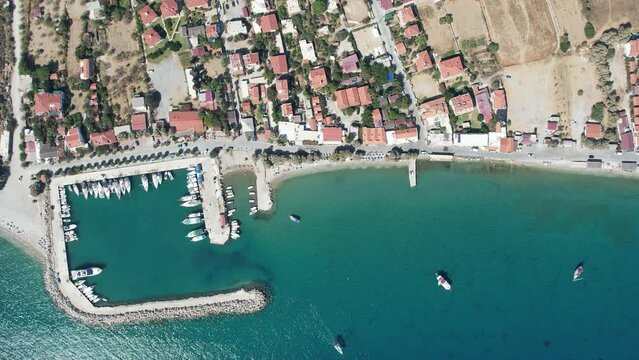 Amazing aerial photo of Datca peninsula, indented coastline between of mediterranean and aegean seas with beautiful turquoise water, altitude about 1 km, Turkey, Palamutbuku