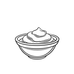 Mayonnaise sauce in cup outline icon vector illustration. Line hand drawing sour cream or yoghurt, creme cheese mayo or tartar dip swirls in glass bowl, side view of creamy sauce for seasoning food