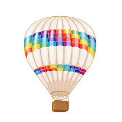 Hot air balloon vector illustration. Cartoon flying Turkish retro airship in Cappadocia, baloon with carrier basket and colorful rainbow pattern on parachute, transport for festival in Turkey