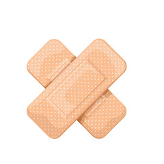 Adhesive bandage vector illustration. Cartoon isolated cross of medical plaster and patch to care wound, injury and damage of skin, beige adhesive elastic sticky tapes with antibacterial cover