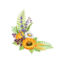 Meadow flower bright rustic style decor. Watercolor illustration. Daisy, calendula, lavender, privet berries, fern, decoration. Hand drawn summer countryside bright floral decor. White background