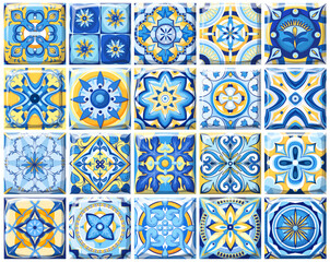 Blue and yellow Azulejo tiles set vector illustration. Mediterranean traditional pattern, Spanish Majolica ceramic mosaic and Portuguese tile decoration with square ornament, Azuleju ancient decor