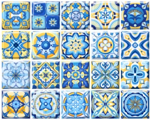 Foto auf Acrylglas Blaue und gelbe Azulejo-Fliesen setzen Vektorillustration. Mediterranes traditionelles Muster, spanisches Majolika-Keramikmosaik und portugiesische Fliesendekoration mit quadratischem Ornament, antikes Azuleju-Dekor © setory