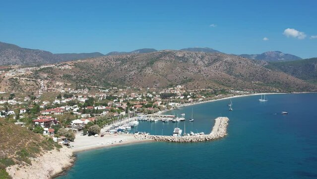 Amazing aerial photo of Datca peninsula, indented coastline between of mediterranean and aegean seas with beautiful turquoise water, altitude about 1 km, Turkey, Palamutbuku